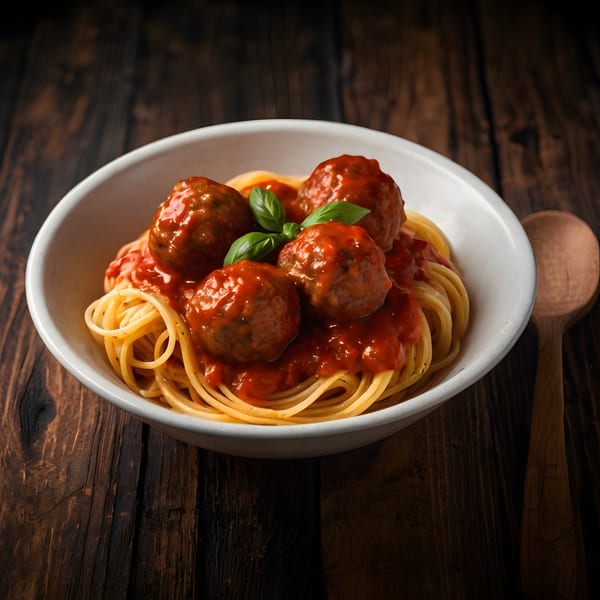 Spaghetti with meatballs and tomato sauce, garnished with fresh basil, in a white bowl on a wooden table.