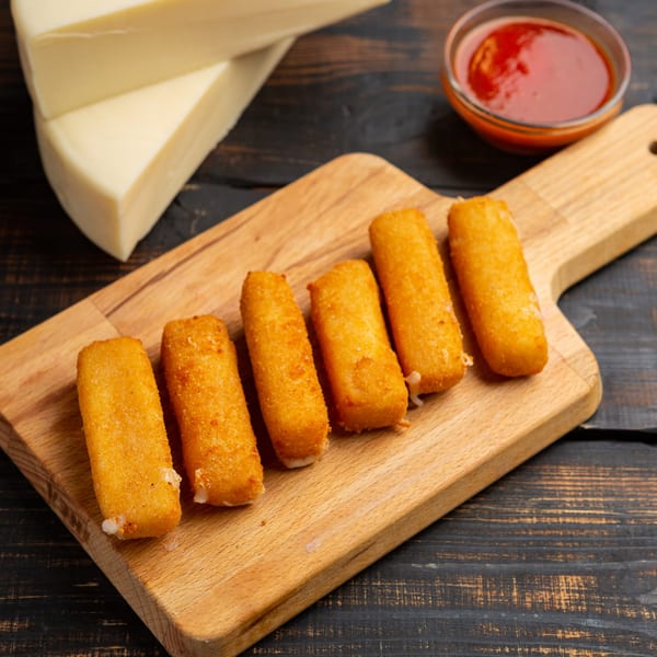 Six golden-brown mozzarella sticks on a wooden board, with a bowl of marinara sauce and cheese in the background.